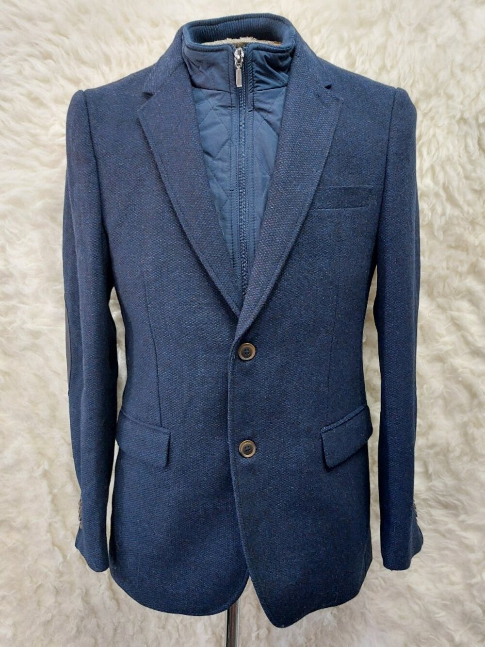 Horst Men's Blazer Navy Blue Tweed Texture and Contrasting Dark Elbow Patches